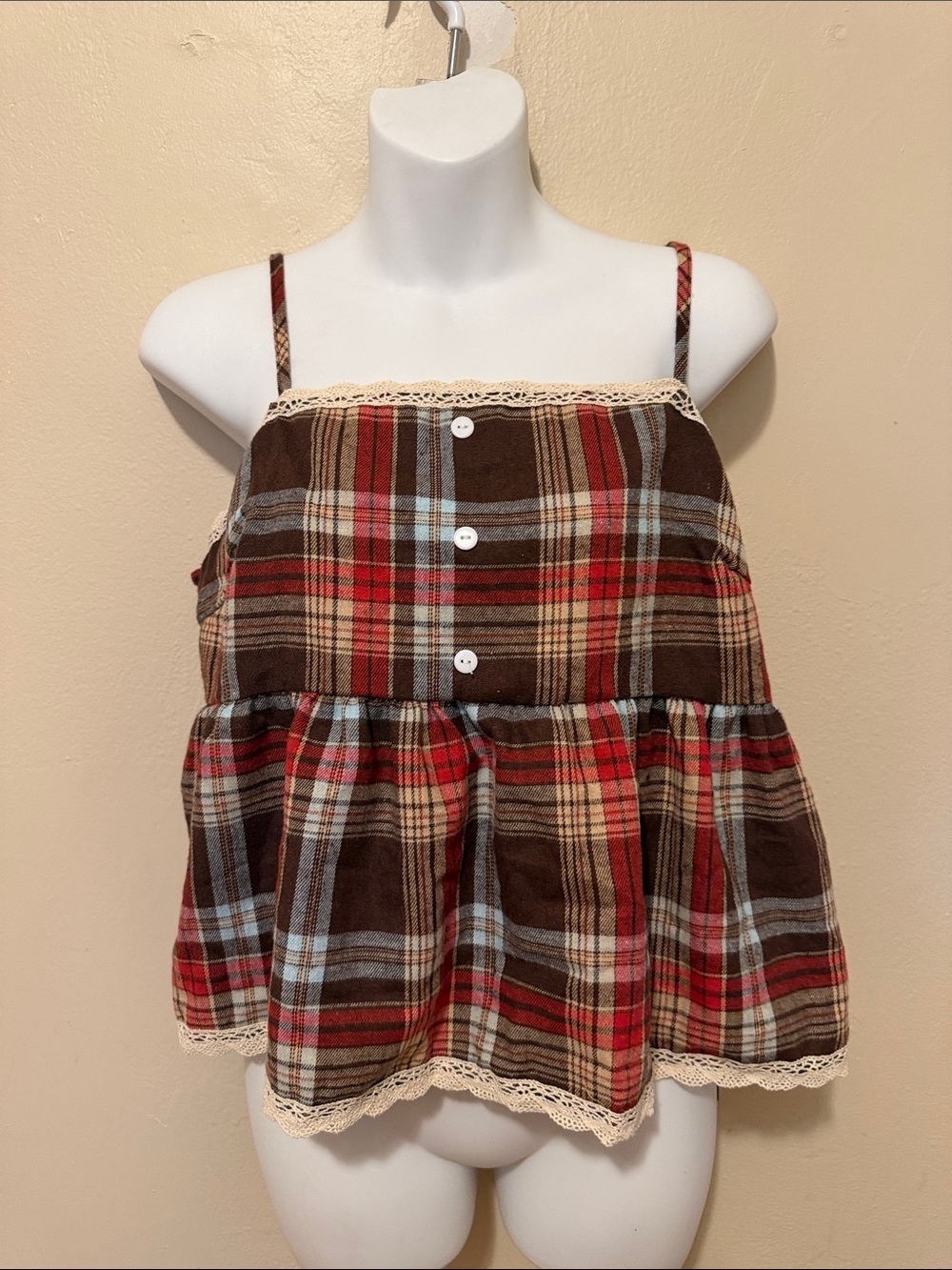 ROMWE Brown Red Plaid Lace-Trim Spaghetti Strap Peplum Top
